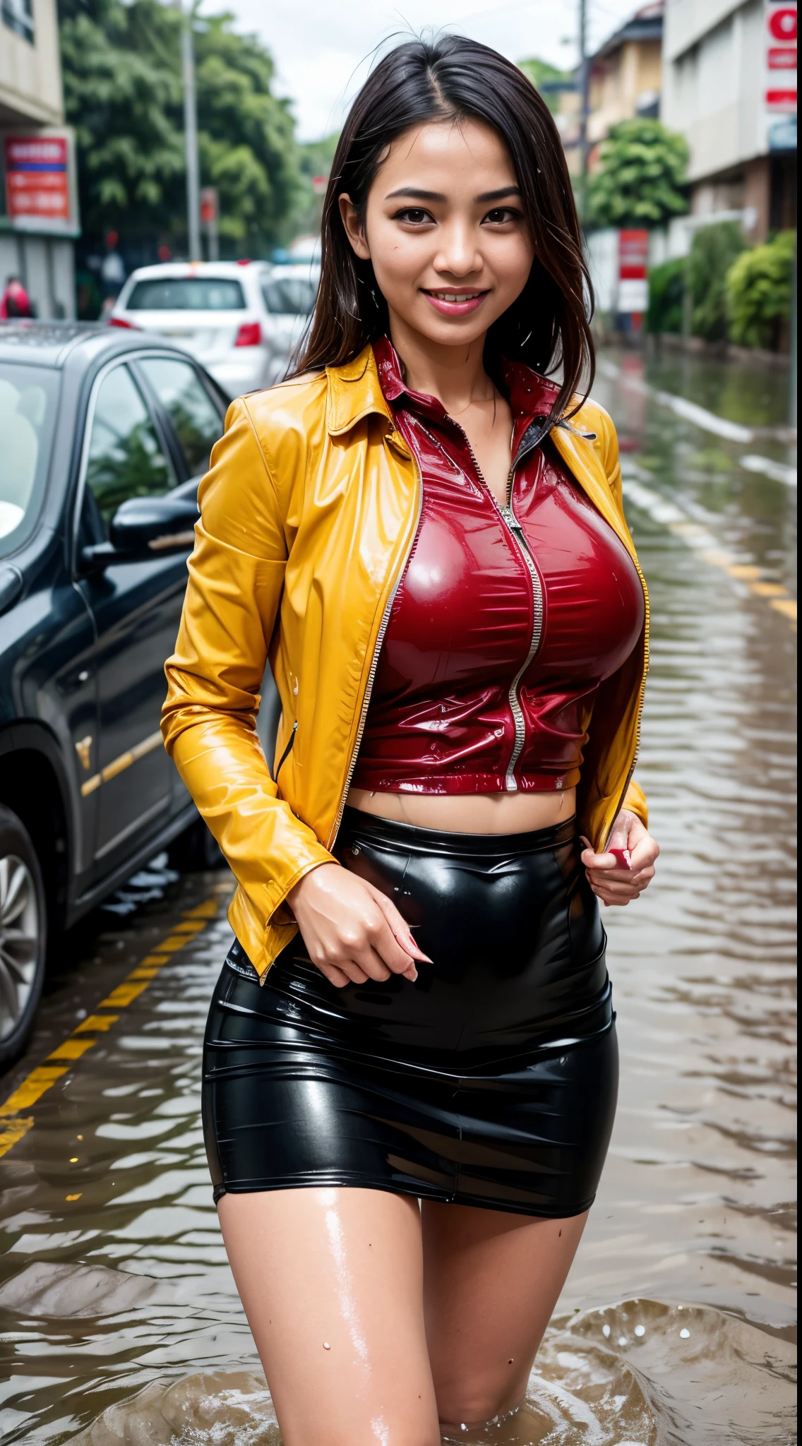 malay woman in hijap in red leather jacket and baju baju kuning standing in the water, wet look, she is wearing a wet coat, on a wet jakarta street, beautiful girl standing in the rain, dressed like a schoolgirl, ((big breast)), wearing a jacket and long skirt, wearing latex clothes atsuko kudo , soaking wet, wet street, wearing red jacket, grinning, shirt and tie, soaking wet, drenched, wet clothes, soaking wet, dripping oil, wet hair, beautiful, best quality, uhd, 8k, photorealistic