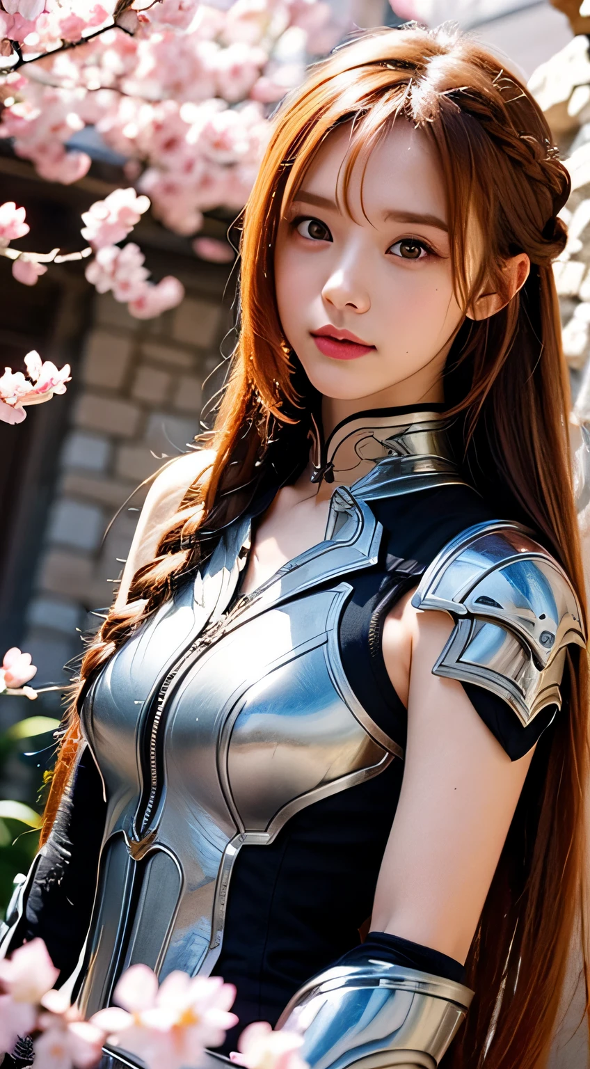 Asuna, ((masutepiece)), hight resolution, Asuna (stele), Crown braid, light orange hair, armor, cherryblossom, Dutch Angle