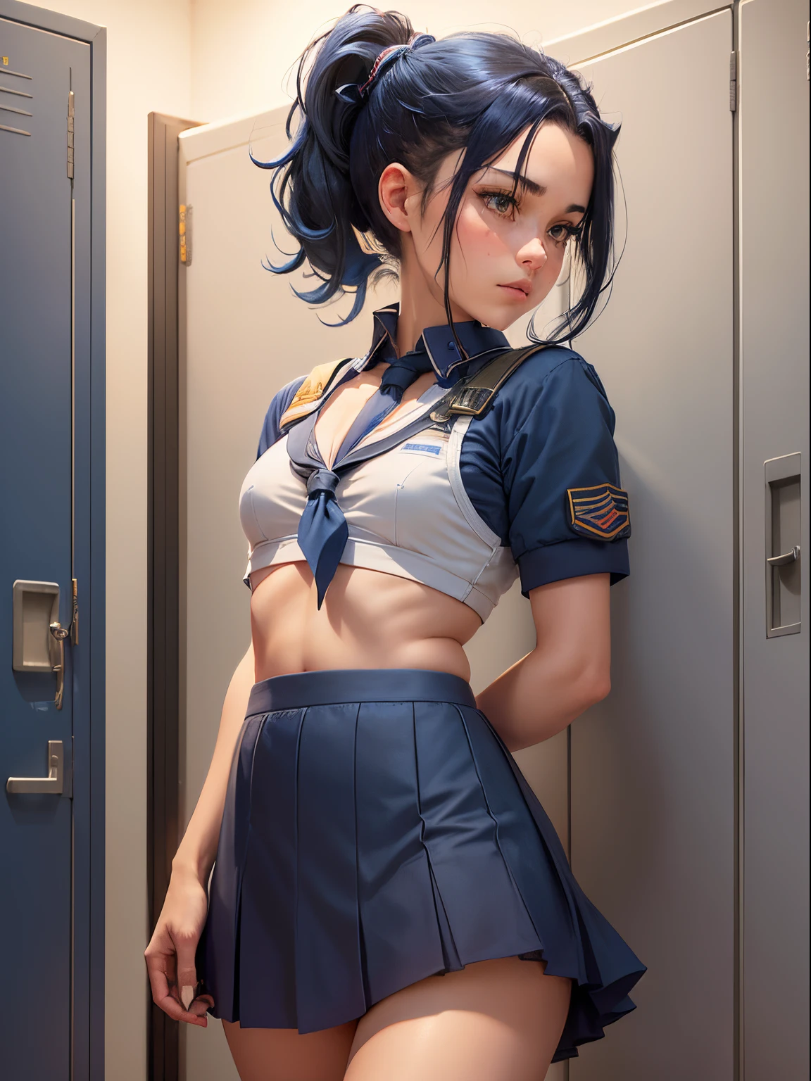 1girl in, Solo, Laura S. Alceid (long dark blue hair, Ponytail and side van, small tit), (Inspired by Cold Steel&#39;Locker Room) ,(Accurate Hand Modeling,),natta,You can see the starry sky,In a school dress showing off her panties, Wearing the uniform of the cadet school, embarrassed,open one's legs,change,