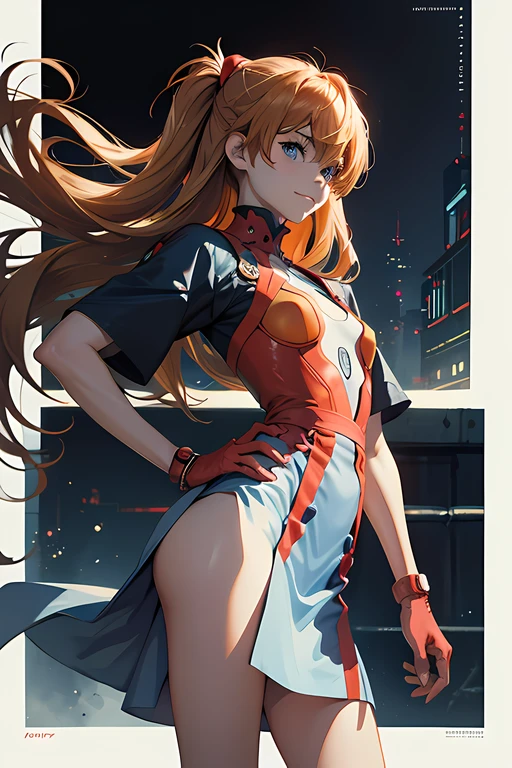 (Obra maestra), La mejor calidad, ojos expresivos, Cara perfecta, 1girl, solamente, Souryuu Asuka Langley, Auriculares de interfaz, Traje rojo, ojos serios, leve sonrisa, piernas cruzadas, Antecedentes de laboratorio, sentada, character sheet, Parte superior del cuerpo, retrato, Mirando al espectador,