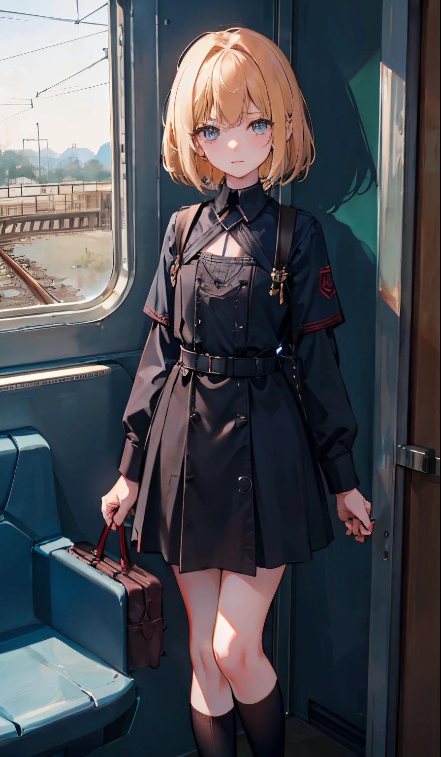 Perfect picture,,{On the train}{}{Train,Local lines}{military outfits},8 years old girl,4K uality, Cinematic,,{Gamine},{small body and chest,,,,} Short hair,a blond,cute little, perspiring