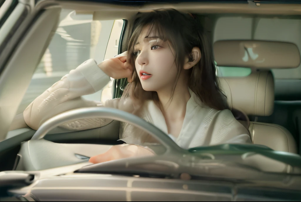 hight resolution、4K、photoRealstic、Live Action、Japan female in her 20s、1womanl、natural soft light、motor car、inside of a car、Look outside、Long、Hair luster、The hair、during daytime、driver、hold the steering wheel of the car、looking at the window、early evening