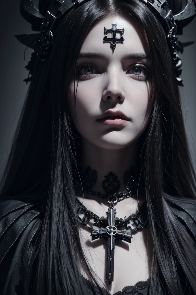 Close-up of a skull with a cross on the face, digital art by Adam Marczyński, cg society contest winner, Gothic art, highly detailed dark art, Portrait of a holy necromancer, portrait of a female necromancer, close-up portrait goddess skull, Eerie Gothic portrait, goddess of death, sinister complexion