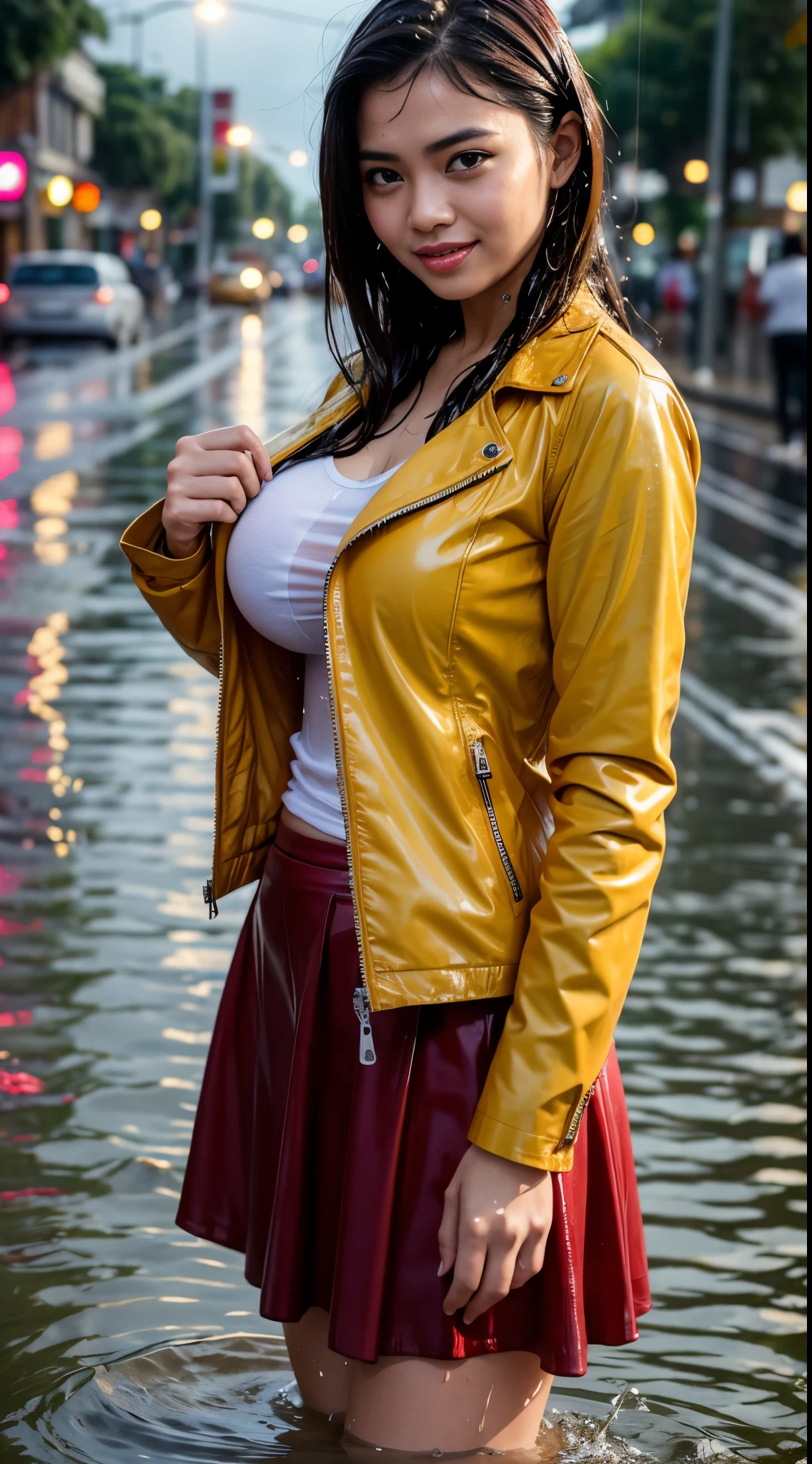 malay woman in hijap in red leather jacket and baju baju kuning standing in the water, wet look, she is wearing a wet coat, on a wet jakarta street, beautiful girl standing in the rain, dressed like a schoolgirl, ((big breast)), wearing a jacket and long skirt, wearing latex clothes atsuko kudo , soaking wet, wet street, wearing red jacket, grinning, shirt and tie, soaking wet, drenched, wet clothes, soaking wet, dripping oil, wet hair, beautiful, best quality, uhd, 8k, photorealistic