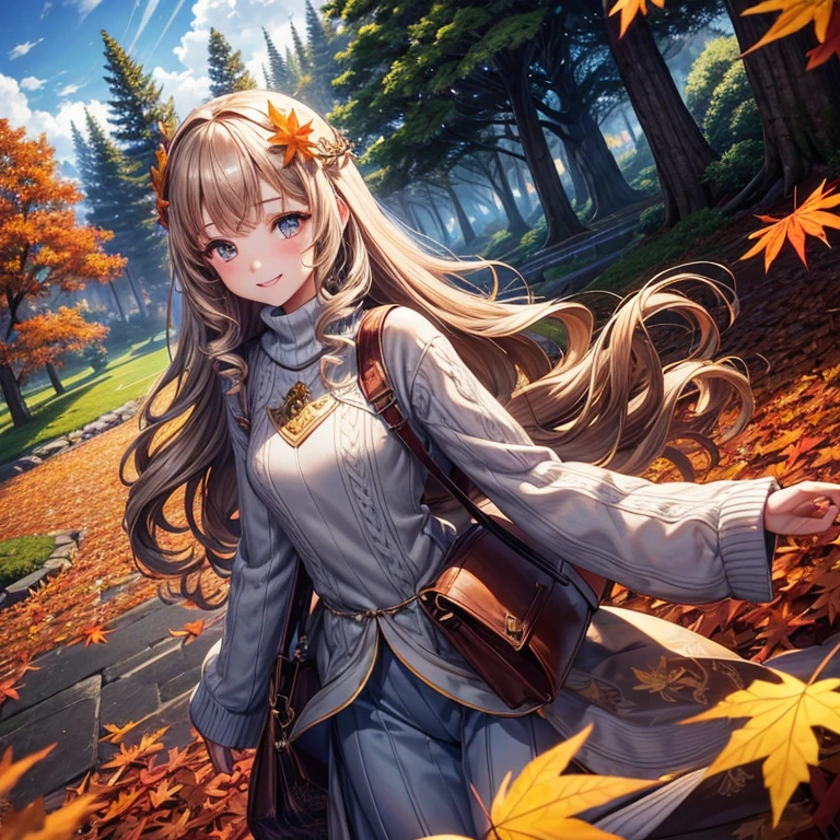 master piece , Best Quality,Wallpaper 8k CG, hyper quality, The best ,1girl in,Solo,Seductive smile,
extremely delicate and beautiful girl, intricate detailes, An ultra-fine illustrations, Whole body, Girls Front, focus on girl, beautiful detailed fullbody, Petite, Young girls, Detailed long hair, Curly hair, Air bangs, Beautiful and detailed rune tails, Hair intake, light brown hair, Beautiful face, lovely big eyes, Perfect hands, flat chest, Light brown eyes, Bag,( light blue,sweater),(peplum jacket),(Giant trees, leaves that cover the sky:1.3),(maple leaves,Autumn leaves, autumn,red mountain,Fallen leaves:1.1),waterfall,