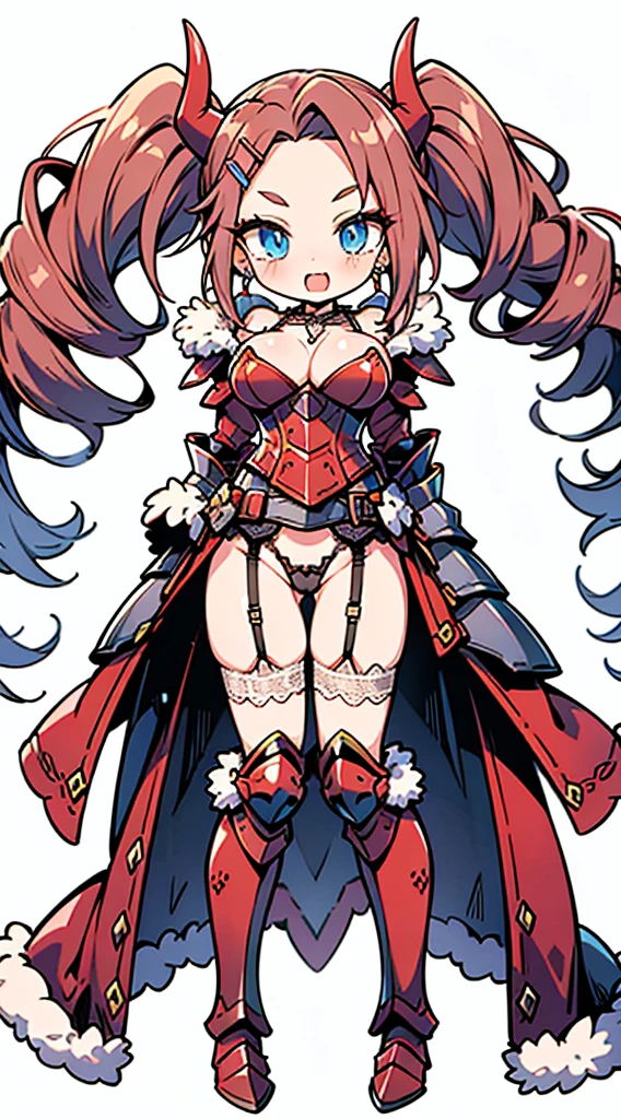 "(masterpiece:1.1), best quality, NSFW,
1girl, (80s anime style:1.3), (eyelashes:1.5), (:1.2),
(intricate high detailed body:1.2),
brown hair, (forehead, parted bangs, hairclip:1.1), (twintails, drill hair:1.2), (demon horns:1.2),
blue eyes, (thick eyebrows:1.1),
(large breasts:1.1),
(naughty face:1.2), open mouth,
(lace leotard armor, corset:1.2), (garter belt:1.2),
(knight armor, armored boots:1.2), (fur:1.1), (earrings:1.1), necklace,
standing, arms behind back,
(full body, looking at viewer, from front:1.1),
(simple white background:1.2)"
