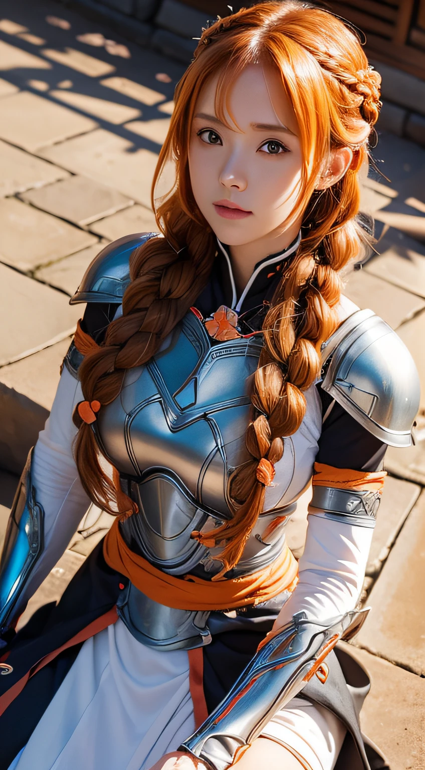 Asuna, ((masutepiece)), hight resolution, Asuna (stele), Crown braid, light orange hair, armor, cherryblossom, Dutch Angle