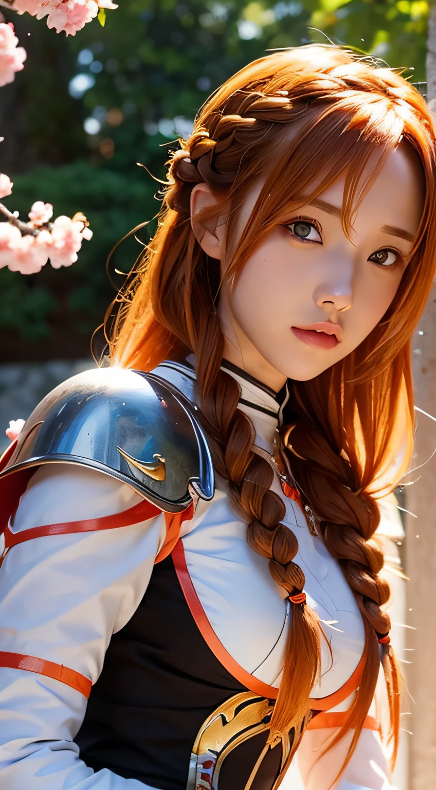 Asuna, ((masutepiece)), hight resolution, Asuna (stele), Crown braid, light orange hair, armor, cherryblossom, Dutch Angle