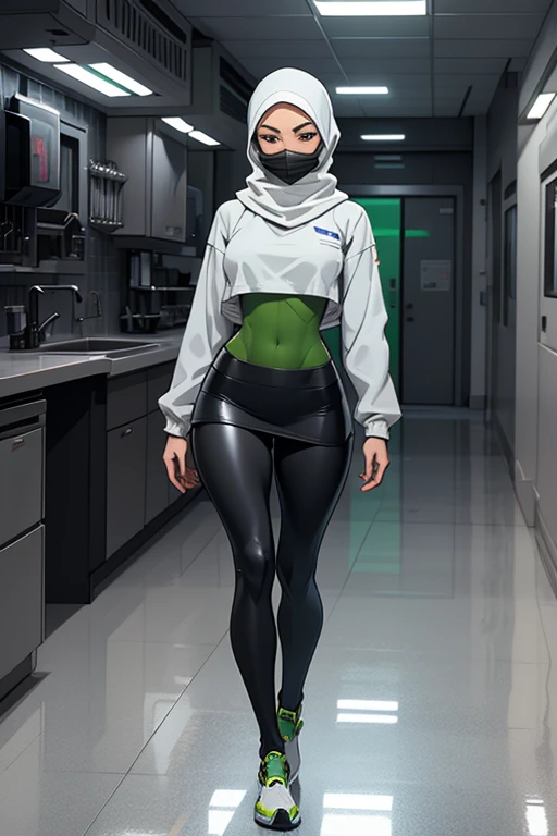 Fullbody of a beautiful, young woman wearing leggings, a baggy wide grey and green long-sleeved skirted knee-length top, attached to a futuristic synthetic skintight grey  hijab with a facemask, in a sterile futuristic environment, with a pristinely white concrete floor.