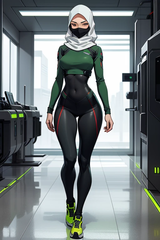 Fullbody of a beautiful, young woman wearing leggings, a baggy wide grey and green long-sleeved skirted knee-length top, attached to a futuristic synthetic skintight grey hijab with a facemask, in a sterile futuristic environment, with a pristinely white concrete floor.