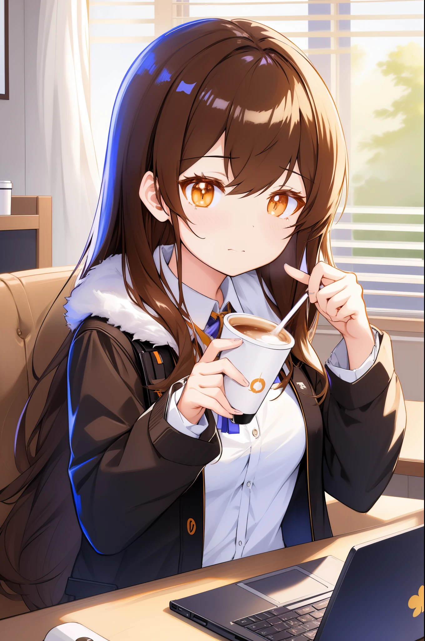 Anime girl drinking coffee in front of a laptop computer, anime moe art style, Anime visuals of cute girls, Fine details. girls' frontline, from girls frontline, Kantai Collection Style, mysterious coffee shop girl, girls frontline style, marin kitagawa fanart, portrait of morning coffee, Seductive Anime Girl, girls frontline cg, Drinking coffee, Smooth Anime CG Art