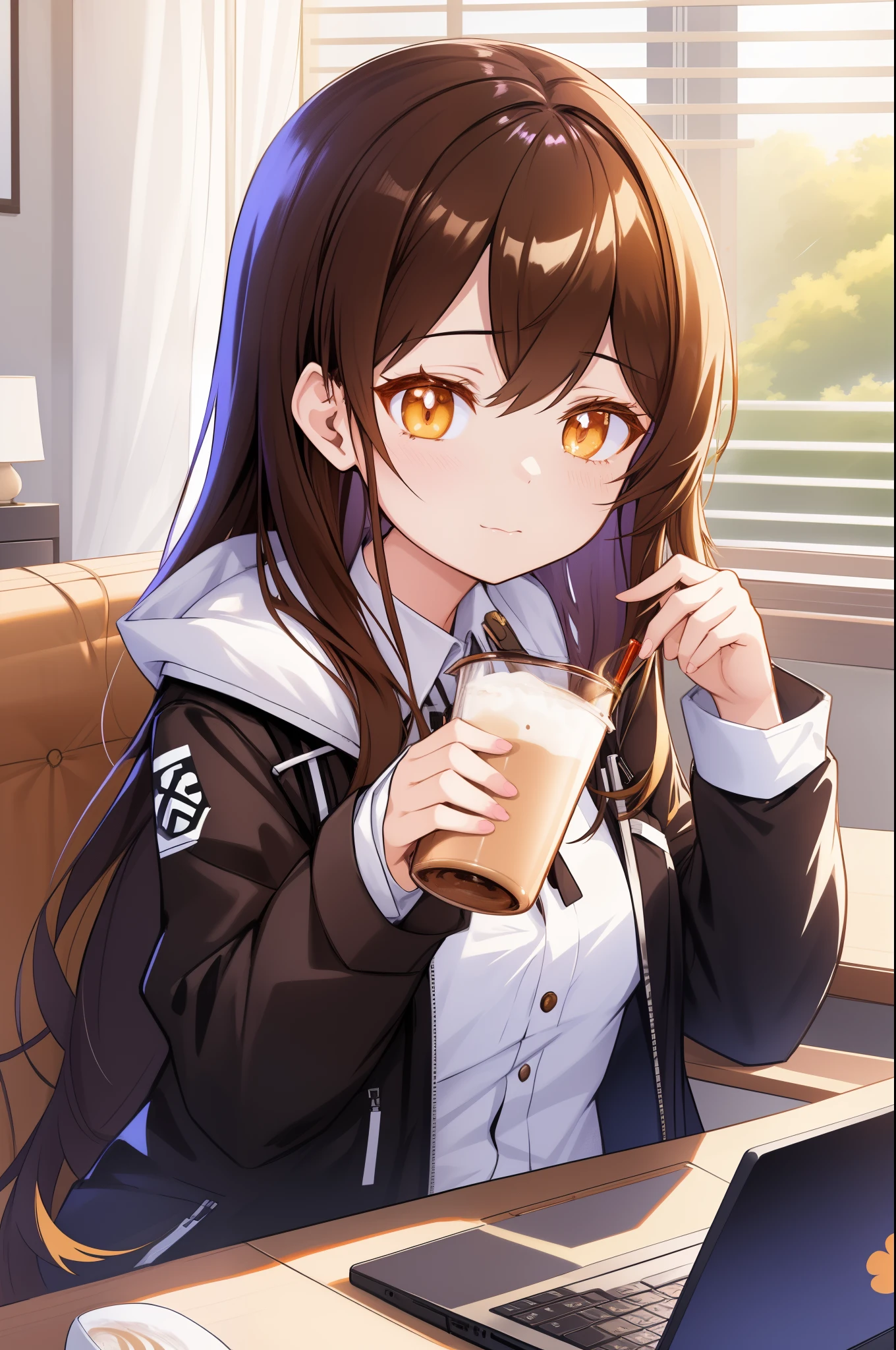 Anime girl drinking coffee in front of a laptop computer, anime moe art style, Anime visuals of cute girls, Fine details. girls' frontline, from girls frontline, Kantai Collection Style, mysterious coffee shop girl, girls frontline style, marin kitagawa fanart, portrait of morning coffee, Seductive Anime Girl, girls frontline cg, Drinking coffee, Smooth Anime CG Art