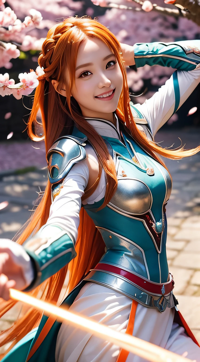 Asuna, ((masutepiece)), hight resolution, Asuna (stele), Crown braid, light orange hair, armor, cherryblossom, Dutch Angle、Space background with dancing cherry blossoms、With smiling eyes
