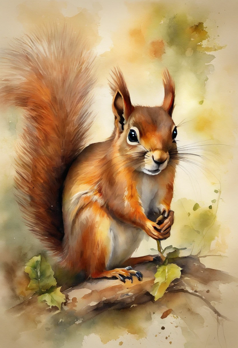 Create an image that matches the following sentence: The squirrels are eating fruit;. O coelho passa hopping por perto e fica curioso sobre o que o esquilo descobriu. Together they examine mysterious scrolls filled with strange drawings and symbols. Seria este o mapa de um tesouro perdido?