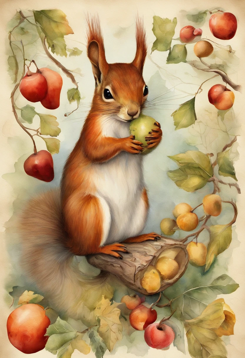 Create an image that matches the following sentence: The squirrels are eating fruit;. O coelho passa hopping por perto e fica curioso sobre o que o esquilo descobriu. Together they examine mysterious scrolls filled with strange drawings and symbols. Seria este o mapa de um tesouro perdido?