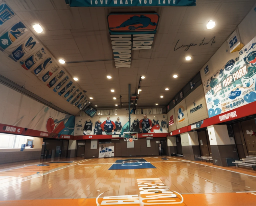 Close-up of basketball court,There are many banners on the wall, ground-level view, ground-level view, ground-level view, NBA, Photos from 2022, full room view, ground level shot, basketball playground, ((Supersaturation)), foreground background, Long shot from the front, 3 / 4 wide shot, post-processed)