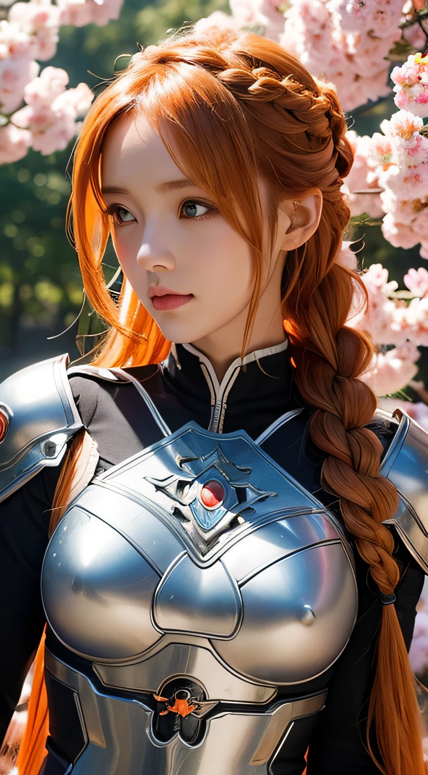 Asuna, ((masutepiece)), hight resolution, Asuna (stele), Crown braid, light orange hair, armor, cherryblossom, Dutch Angle
