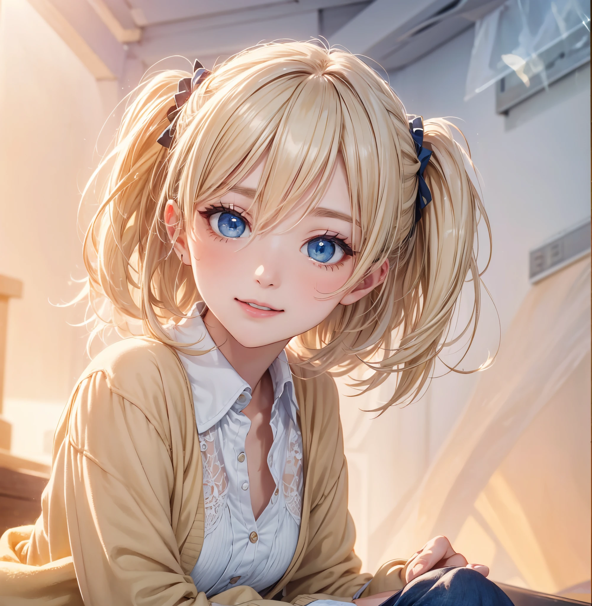 (masterpiece),(top-quality:1.2),1girl in,(masuter piece:1.3),exquisitedetails, Highest quality 8K resolution, Ultra-detailed, Realistic, Vibrant colors, Soft tones, With warm and gentle lighting,early evening,Big sunset,(Smooth straight blonde hair:1.2),(Hair parted in the middle:1.3),(Glowing hair),(Dark blue eyes:1.3),White skin, hair clips,Overflowing soft and gentle feelings,(The promenade is full of flowers),The sun's rays illuminate joy and pure love, Warm golden glow,The atmosphere is full of happiness and laughter, As if celebrating love,Sticking to ultra-detailed depictions and vivid colors. In a style that blends romanticism and realism、You can feel the depth of love,color palettes,Create an ethereal atmosphere like a dream,and the lighting is soft and diffused, Shine a gentle light on your face,The artwork is a masterpiece,