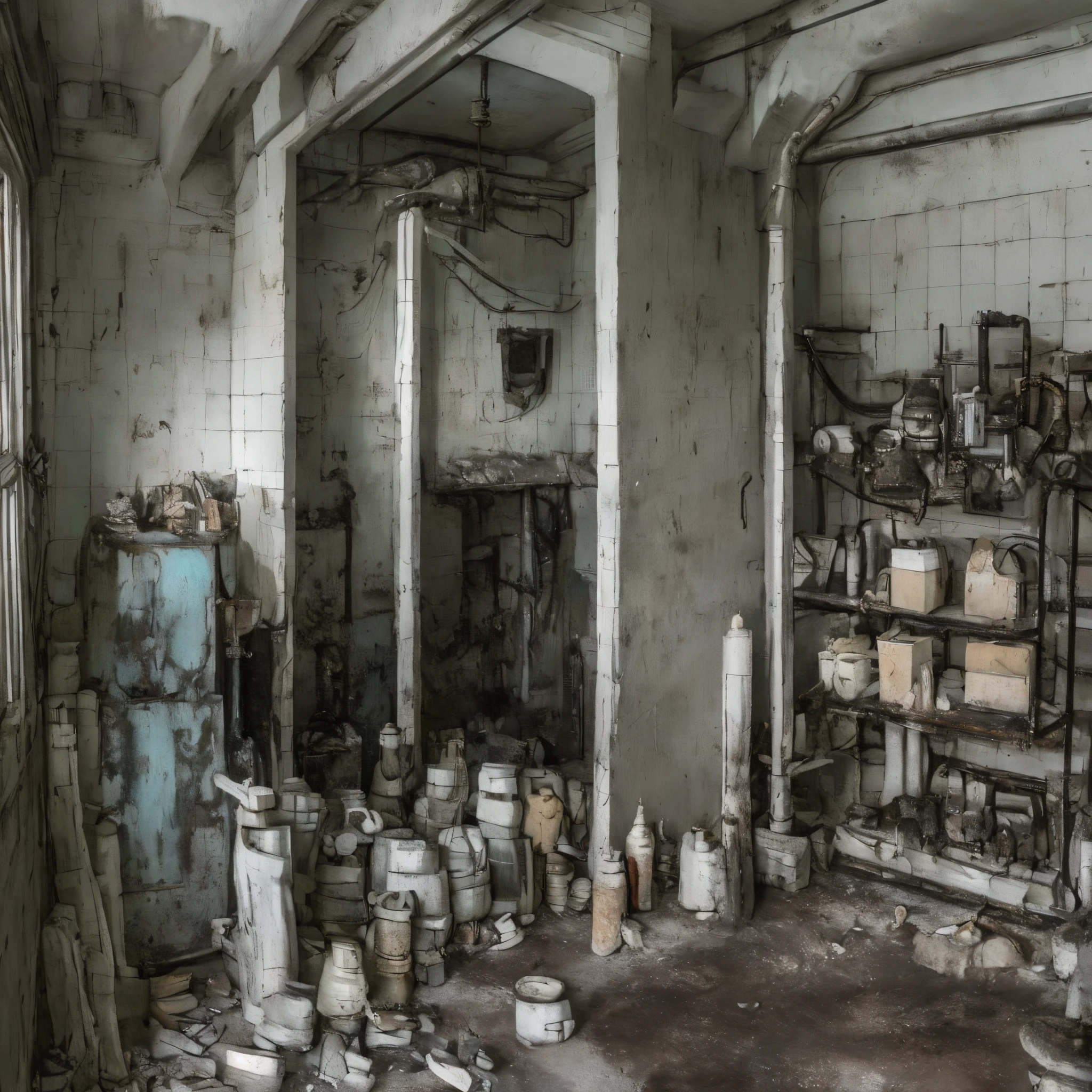 hyperrealistic and very detailed illustration of the entrance of a patio, point of view from the outside, image very loaded with objects, point of view from below, dirty cement stairs with cracks, green wastebasket, metal signs, seats, cables, pole, pastel blue telephone booth, rusty guardrails, pipes, pipes in the walls, electric meter, gray and dark walls, empty boxes, old papers on the floor, damaged wall paint, some garbage on the floor, metal and rusty scrap, machine parts (rusty, brown), very detailed advertisements on the neon wall, spotlight lights (very radiant blue light), artificial and sterile environment, very dark night, fog and somewhat dense smoke, very dark landscape shadows, red and green neon lights, night, some snow all over the landscape, humidity, puddles of water reflecting the dim ambient light