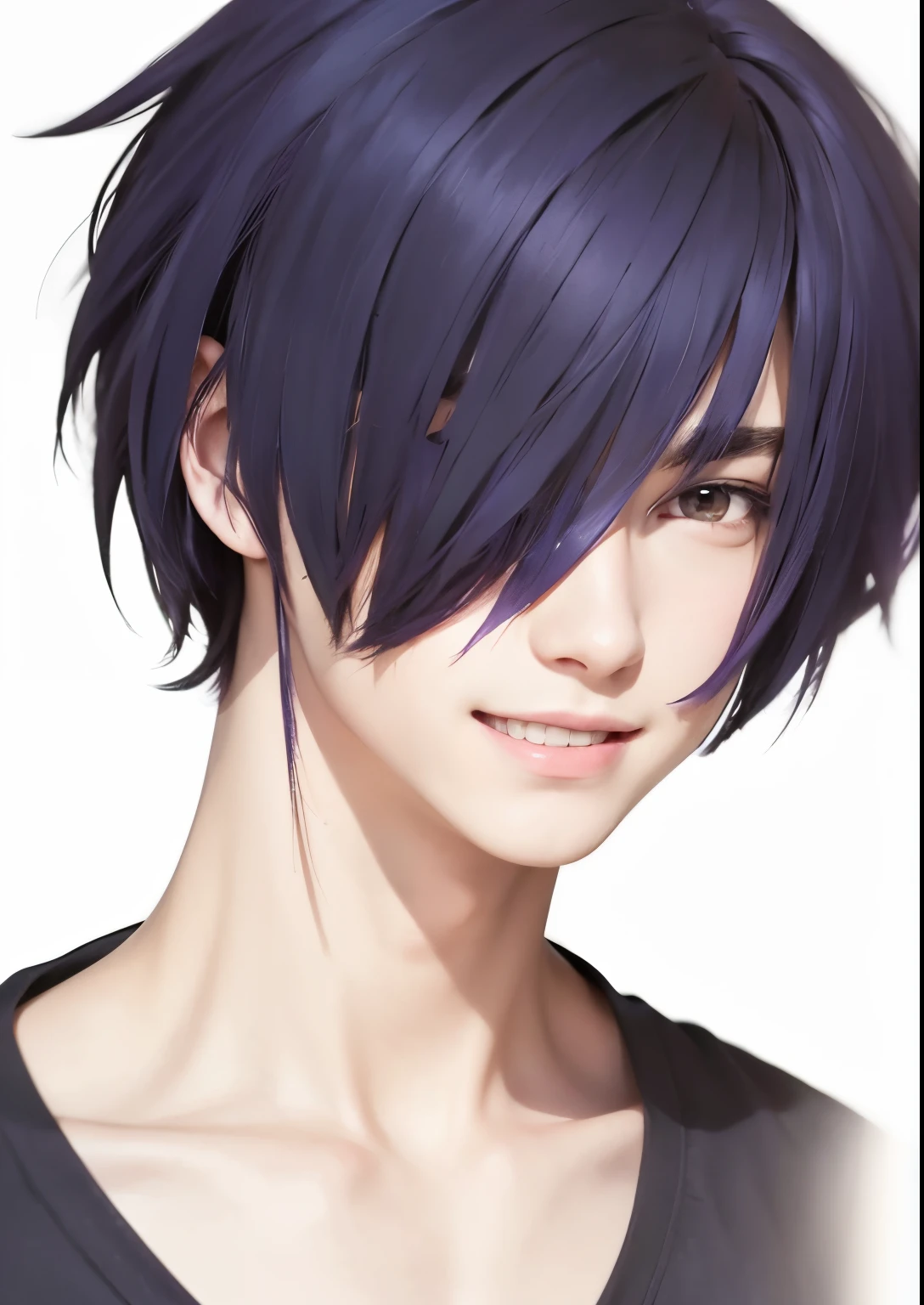 A teenage boy with realistic short purple hair, the same realistic hairstyle, realistic handsome face, realistic smiling expressions, realistic army t-shirts, realistic light, realistic shadows, realistic backgrounds