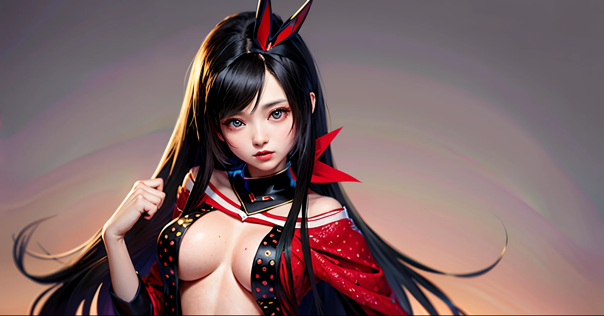 (high quality photograph)、Realism、girl with long black hair and red dress, Cute little girl s、美丽的面容、Beautiful brown eyes、Colossal tits、Bust Sharp Hocus、No Underwear、