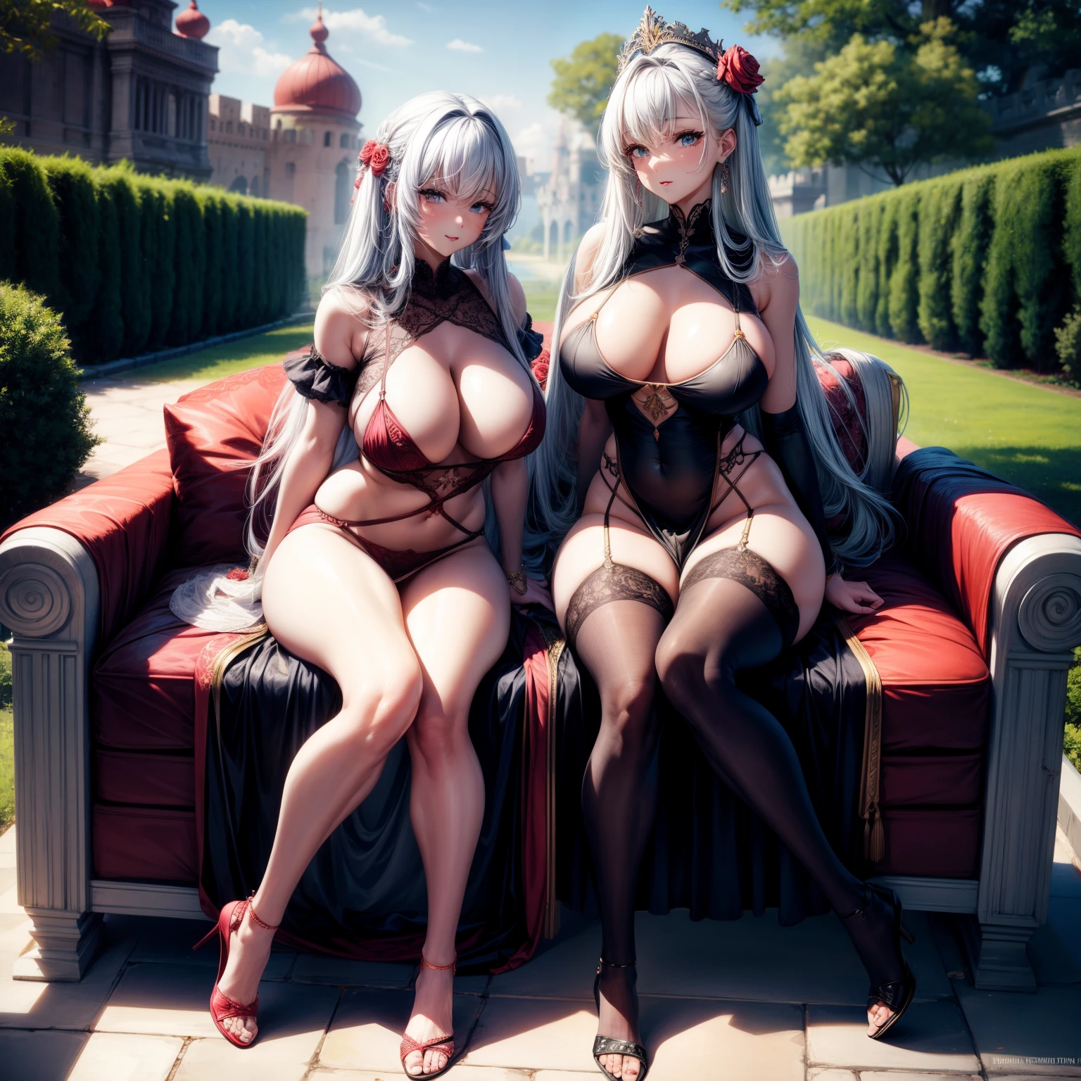 (8K ,hyper-detailing,ultra real photo,Best masterpiece,natural,Perfect artwork,Perfect female body),Two cute busty girls ,Hair color,(Big tits),In a splendid palace,Red rose decoration,stately fortress,Beautiful garden,Wearing a black tight-fitting dress,Sexy tight dress,ssee-through,Built-in thong,The cracks are relatively large,stretch the meat,Raised sexy,Flirtatious,obscene exposure ,Full body photo