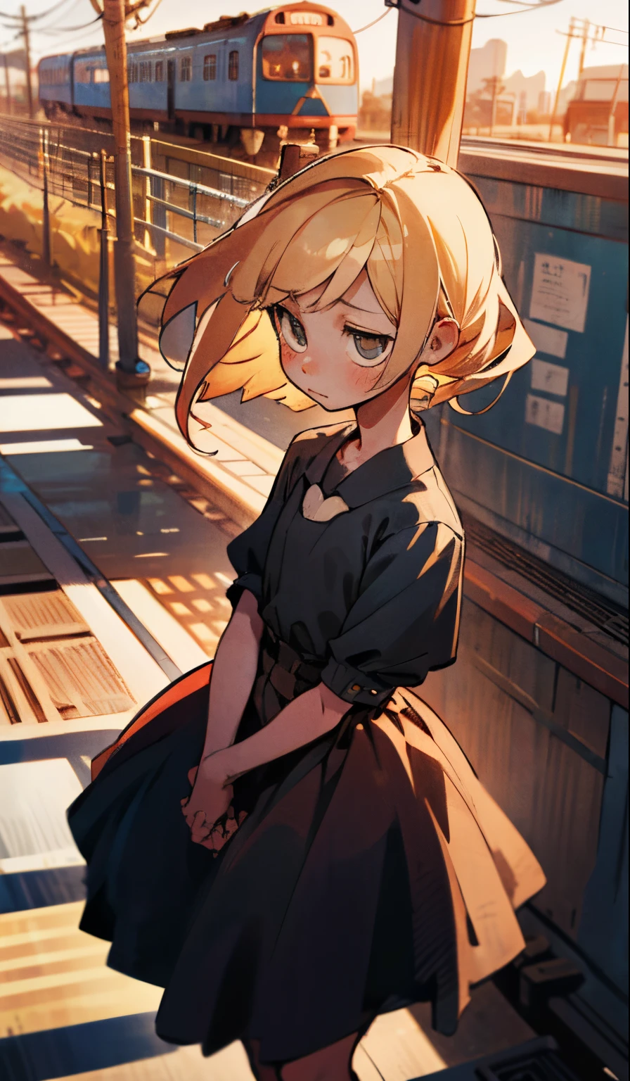 Perfect picture,,{Chiquita}{Meek,elementary student}{Train,Local lines}{old}{I enjoy},8 years old girl,4K picture quality, Cinematic,,{Gamine},{small body and chest,,,,,,} Longhaire,a blond,cute little,