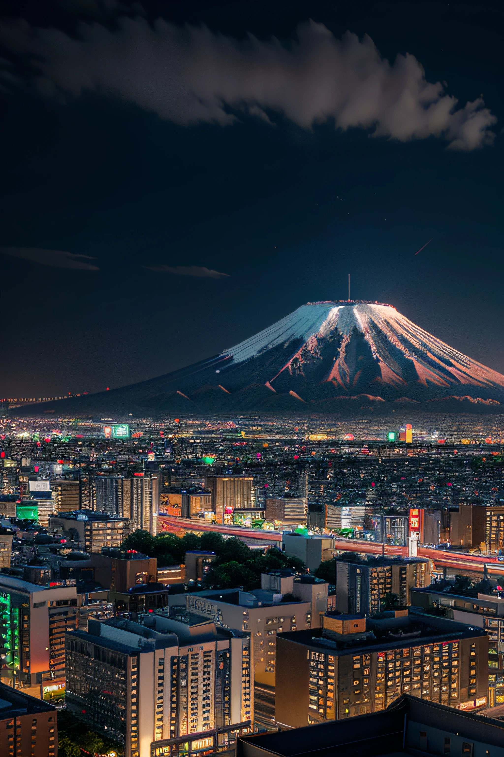 Backdrop has a Japanese imprint Mount Fuji and Tokyo city. 3d rendering digital city  virtual model , neon color style