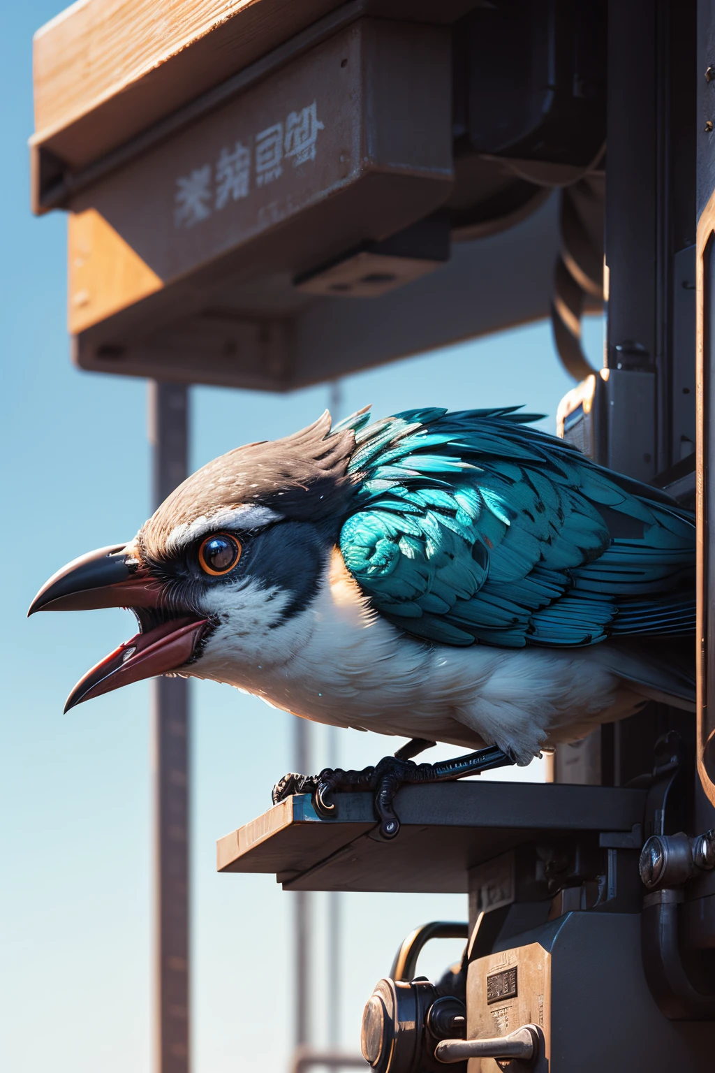 (Best Quality, hight resolution, Ultra-detailed), [(Birds on metal machines),Complex and complex machine structures.vibrant and vivid colors,Metallic texture and glossy surface],blue-sky,baiyun,Background with。