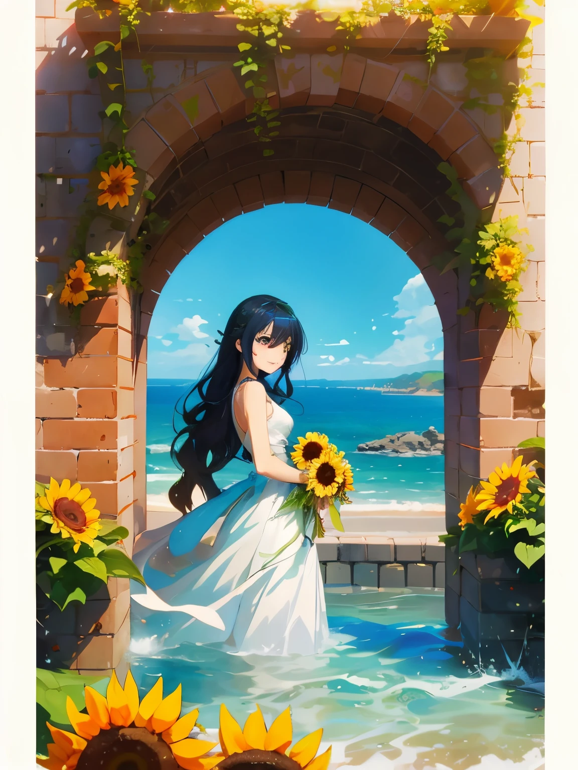 Cartoon hermaphrodite in white dress with sunflower in front of stone arch, Beautiful sunflower anime hermaphrodite, Altogerm and Asay Gailan, Beautiful anime scene, Anime beautiful peace scene, Beautiful anime, Beautiful anime artwork, Gwaite inspired artwork,. Studio Gribley Makoto Shinkai, Gwaith, beautiful anime art, official artwork Brick wall facing beach, water wall on both sides, secret entrance, sea view, sea view, overlooking horizon, sea view, near sea, overlooking sea, iphone capture, distant view, entrance to hell, next to sea Anime bisexual child in white dress with bouquet of sunflowers, Beautiful sunflower anime girl, anime art, anime art style, beautiful anime art style, clean anime, high quality anime art style, beautiful anime art, anime illustration, beautiful Anime Artwork, Anime Art Style, Beautiful Anime Style,. Anime Wallpaper, Anime Art Wallpaper 8k, Anime Moe Art Style, Anime style hermaphrodite, frontage, black hair Inner Color Blue, long wavy hair, emerald eyes, beautiful eyes, silly smile, beautiful white dress, holding a bouquet of sunflowers and lilies in each hand, blue sky, facing white clouds Brick walls are there . , sunny, smoking and smiling, with a wall of water on both sides. , secret entrance, sea view, sea view, sea view, horizon view, sea view, near sea, overlooking sea, iphone capture, looking from a distance, gate to hell, gate to hell