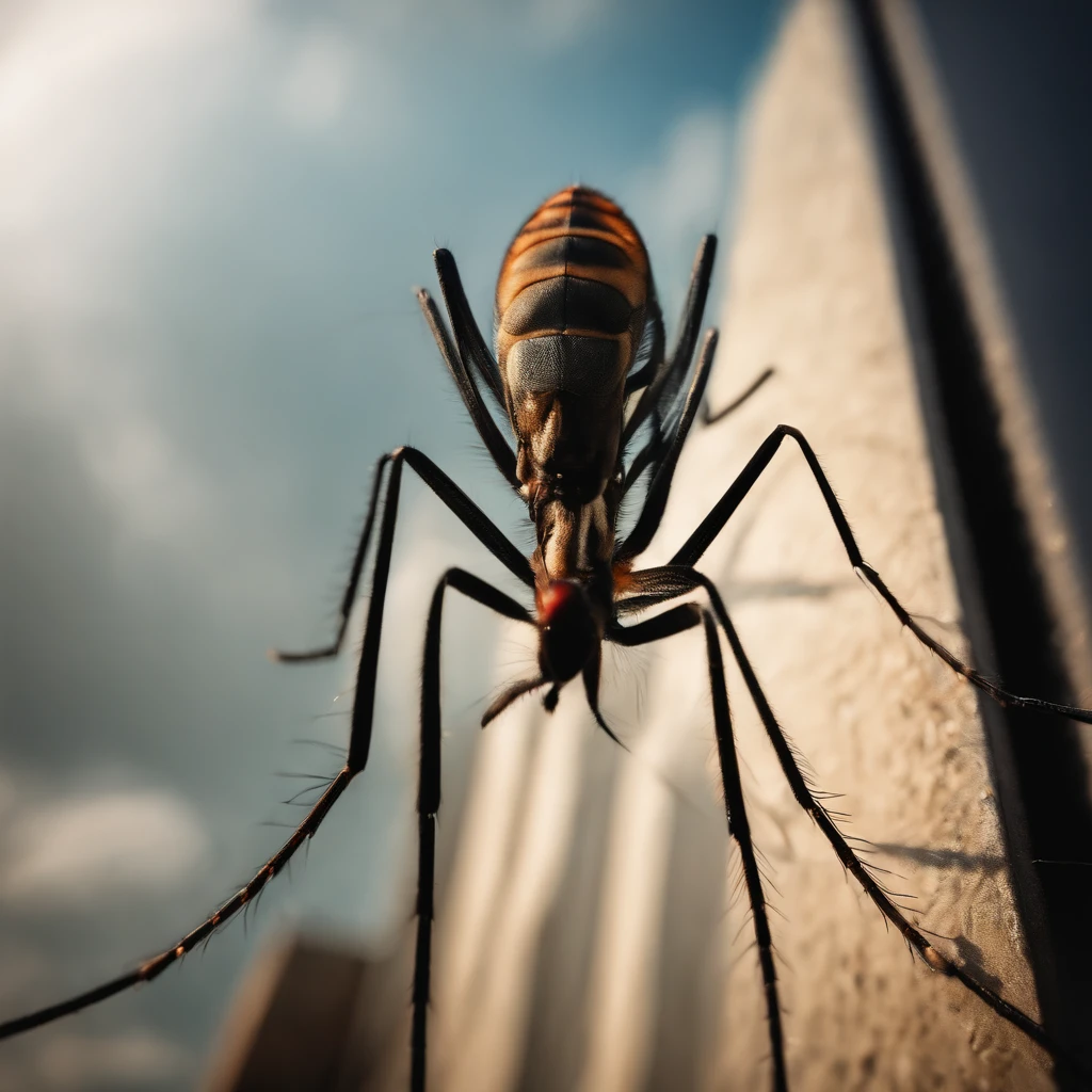 A huge mosquito lies on a tall building