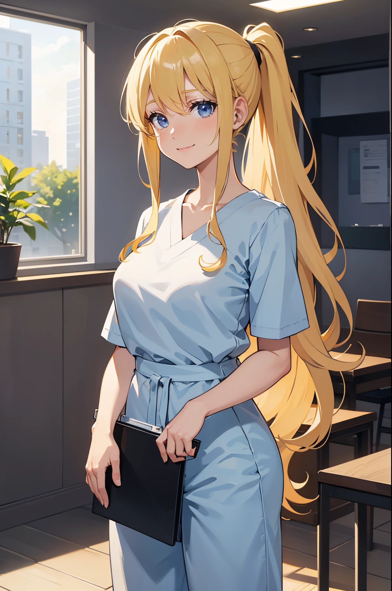 Safe for work, masterpiece, best quality, solo, 1 girl, wholesome girl, (young female body:1.4), ( medium breasts), cowboy shot, shy smile, flustered, yellow golden wavy hair, extra long blonde hair, hime cut, high ponytail, light blue eyes, very detailed eyes, good details, indoors, hospital, holding a clipboard, white scrubs, hospital uniform, long pants, scrubs