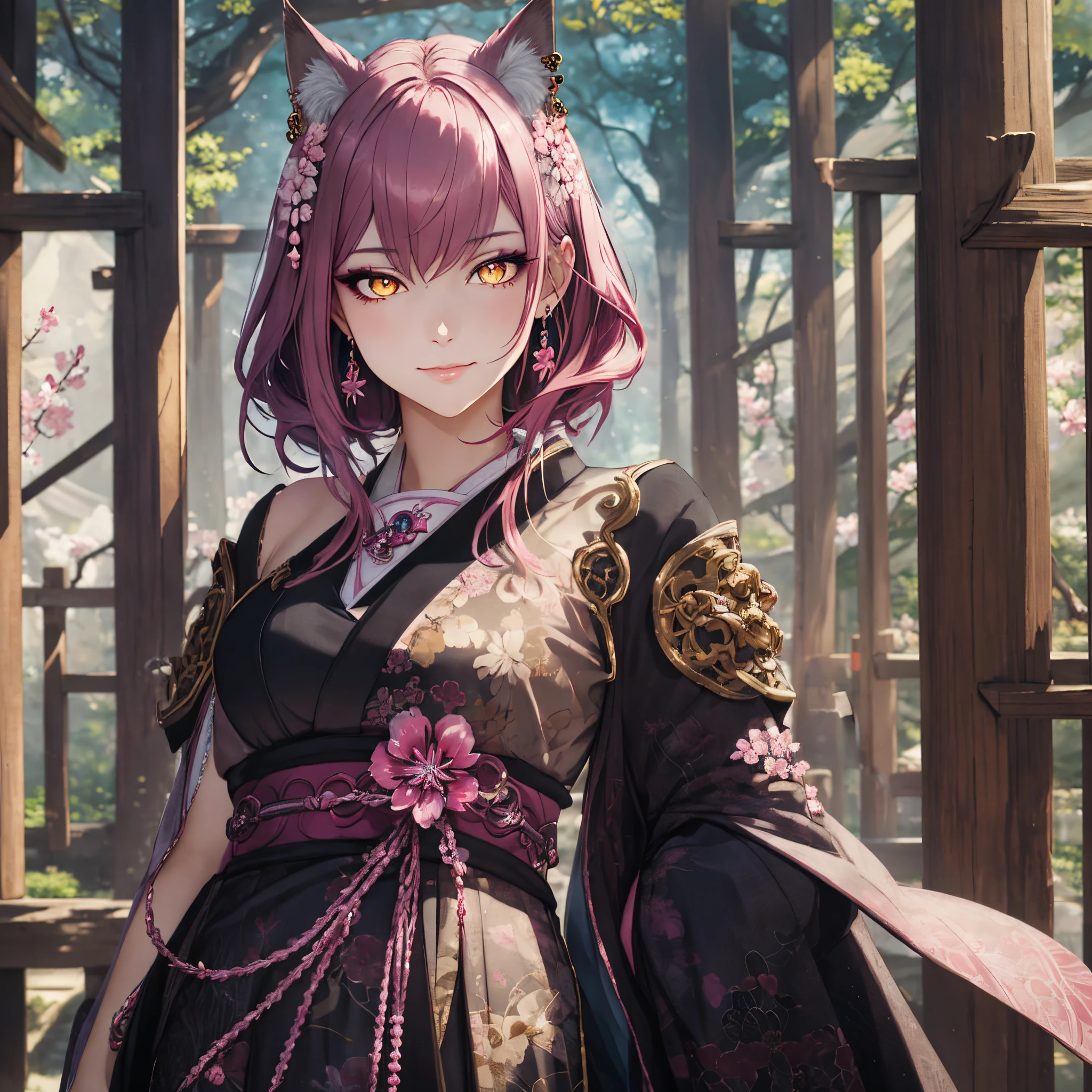 masterpiece, best quality, 1girl, teenager, teen, female focus, solo, dark pink hair, vibrant yellow eyes, looking at viewer, closed mouth, Fantasy aesthetics, fantasy earring, Highly detailed, shadowverse style, sakura background, japanese aesthetics, fox ear