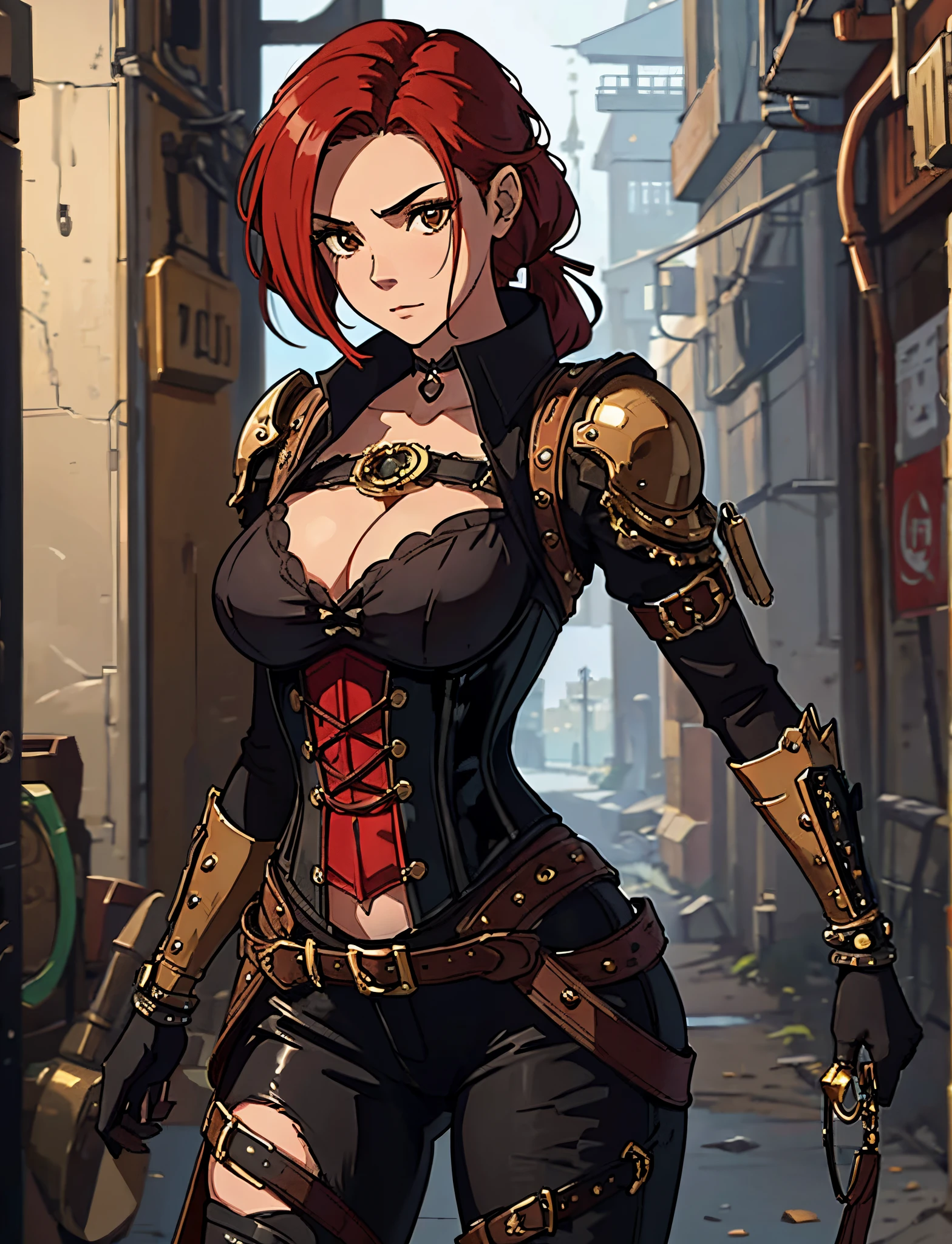 Erza Scarlet is one of the main characters in the series. The young woman with scarlet hair and brown eyes is described as an amazing woman, very strict and who does not admit when others make mistakes. She's a slender, Figura elegante com curvas bem desenhadas. Her most common attire consists of a corset with custom-made laces, a pair of black pants, Botas pretas e brincos em forma de diamante, in high resolution, circunstanciado ((melhor qualidade)) ((Steampunk))