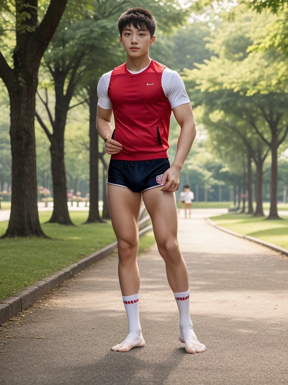  teenagers ,  young , light-skin , wearing an dark red sexy underwear, tmasterpiece，k hd，the feet，Transparent sports vest，semi transparent，black long socks，The barefoot , red colour , handsome and cute , extreme cute boy , white skin , dark red underwear boxers shorts , extremely tall and cute boy ,oppa model , handsome model , full body , dark red boxers underwears short shorts , black socks , white light-skin , Chinese model , young boy , white skin , handsome and extremely cute , red boxers underwear shorts , long black socks , handsome model , at the park , jogging , model oppa , long legs , jogging , running , high knee black socks ,black  long socks , stand up , extremely tall , extremely high , red underwears , red sports underwear , long black socks , clean and white legs , Chinese model , extremely long legs , looking at the camera , clean and white thigh , huge bulge , kid face , baby face , wearing jacket , wearing red underwears boxers , light and white skin