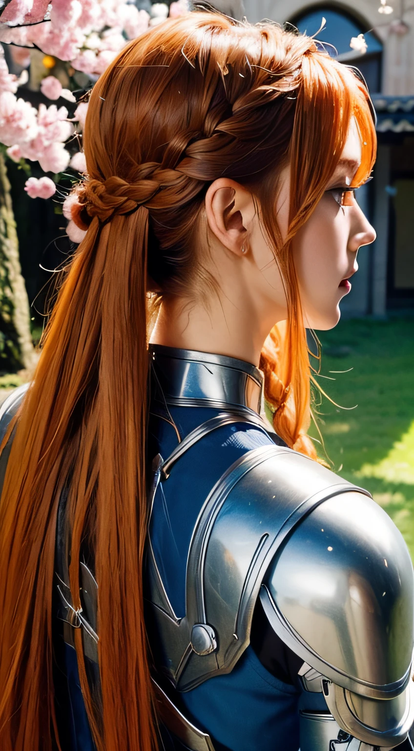 Asuna, ((masutepiece)), hight resolution, Asuna (stele), Crown braid, light orange hair, armor, cherryblossom, Dutch Angle、view from back
