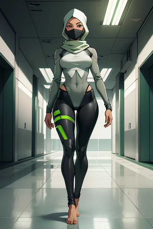 Fullbody of a beautiful, young barefoot woman wearing leggings, a grey and green long-sleeved skirted knee-length top, attached to a futuristic synthetic skintight grey and green headscarf with a facemask, in a sterile futuristic environment, with a pristinely white concrete floor.