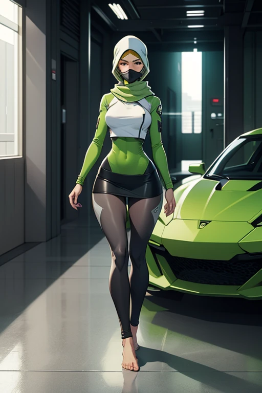 Fullbody of a beautiful, young barefoot woman wearing leggings, a grey and green long-sleeved skirted knee-length top, attached to a futuristic synthetic skintight grey and green headscarf with a facemask, in a sterile futuristic environment, with a pristinely white concrete floor.