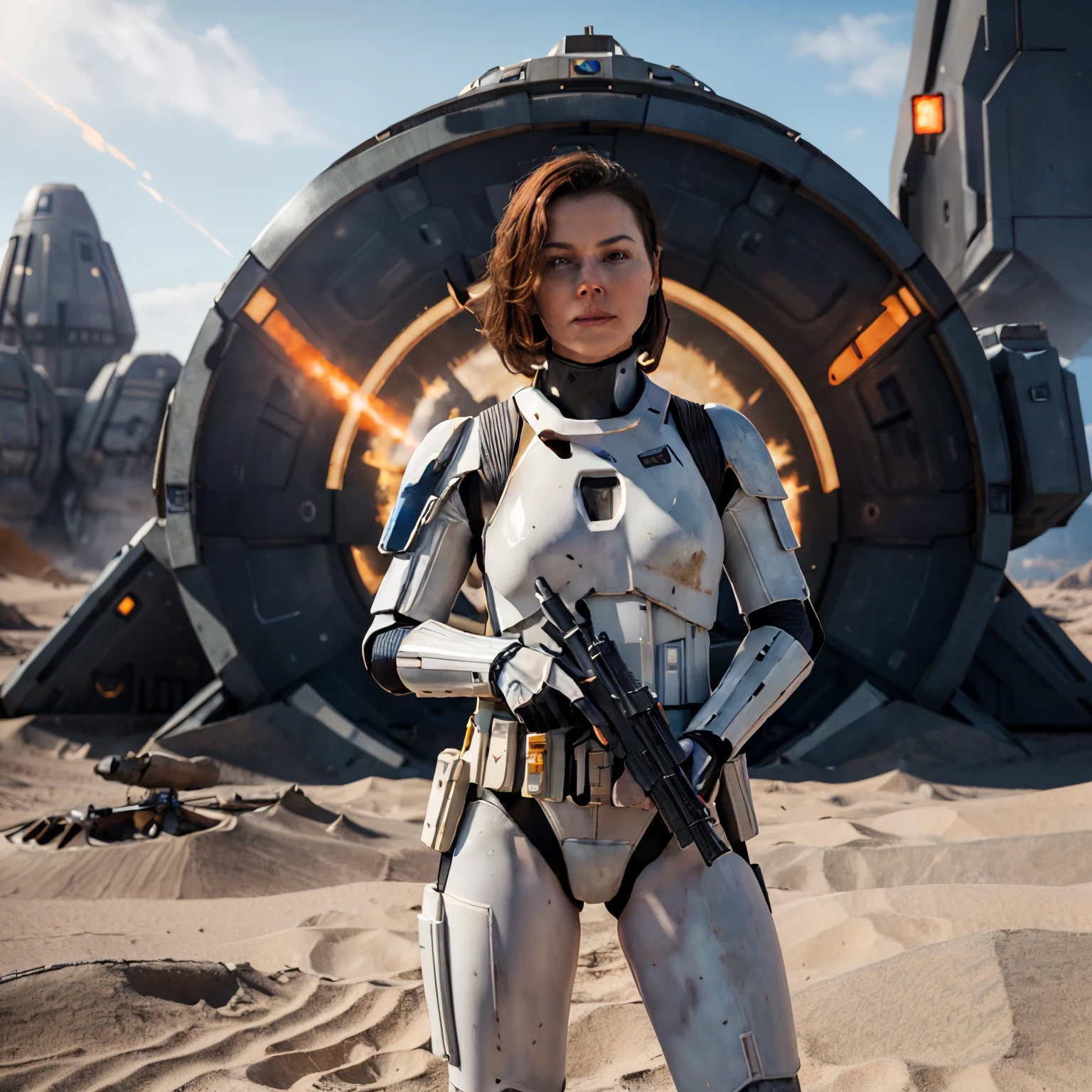 there is a woman holding a gun in front of a spaceship, hyperrealistic fantasy art, doom eternal, female stormtrooper, heaven planet in background, inspired by Jan Victors, in foreground boy with shotgun, orianna, grey orange, dune (2021) --ar 16:9 --v 5.1