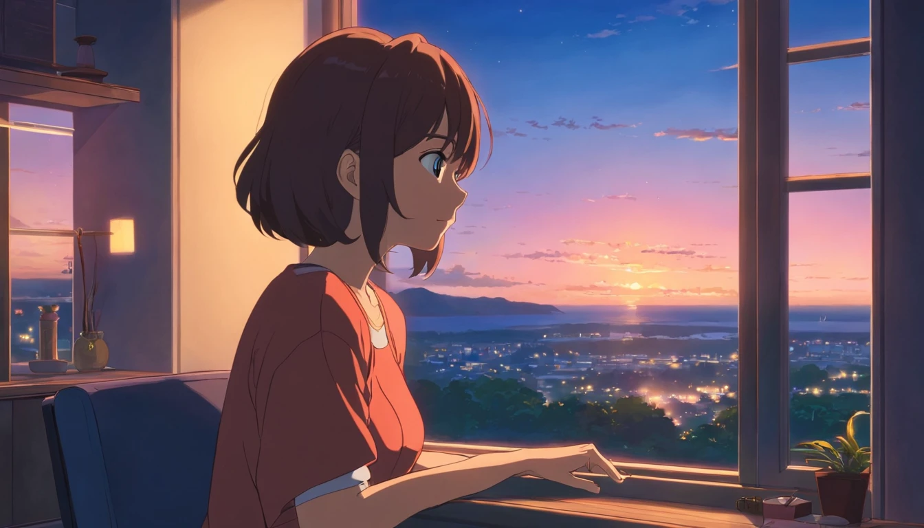 At dusk、In the house、A woman in her 60s looking out the window and thinking