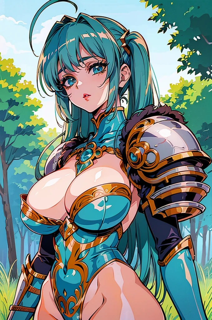 "(masterpiece:1.1), best quality, NSFW, 
1girl, (80s anime style:1.3), (eyelashes:1.5), (****:1.2), 
(intricate high detailed body:1.2), 
aqua hair, (forehead:1.1), (twintails:1.1), (hair ornament:1.2), 
green eyes, (red lip stick:1.3), 
(slim body:1.1), (gigantic breasts:1.5), 
(naughty face:1.2), 
(silver embroidery leotard armor, cleavage cutout:1.2), 
(knight armor, armored boots:1.2), (fur:1.1), (ahoge:1.2), crystal necklace, 
standing, arms behind back, 
(upper body, cowboy shot, looking at viewer, from front:1.1),
(daytime, grassland, outdoors:1.2)"