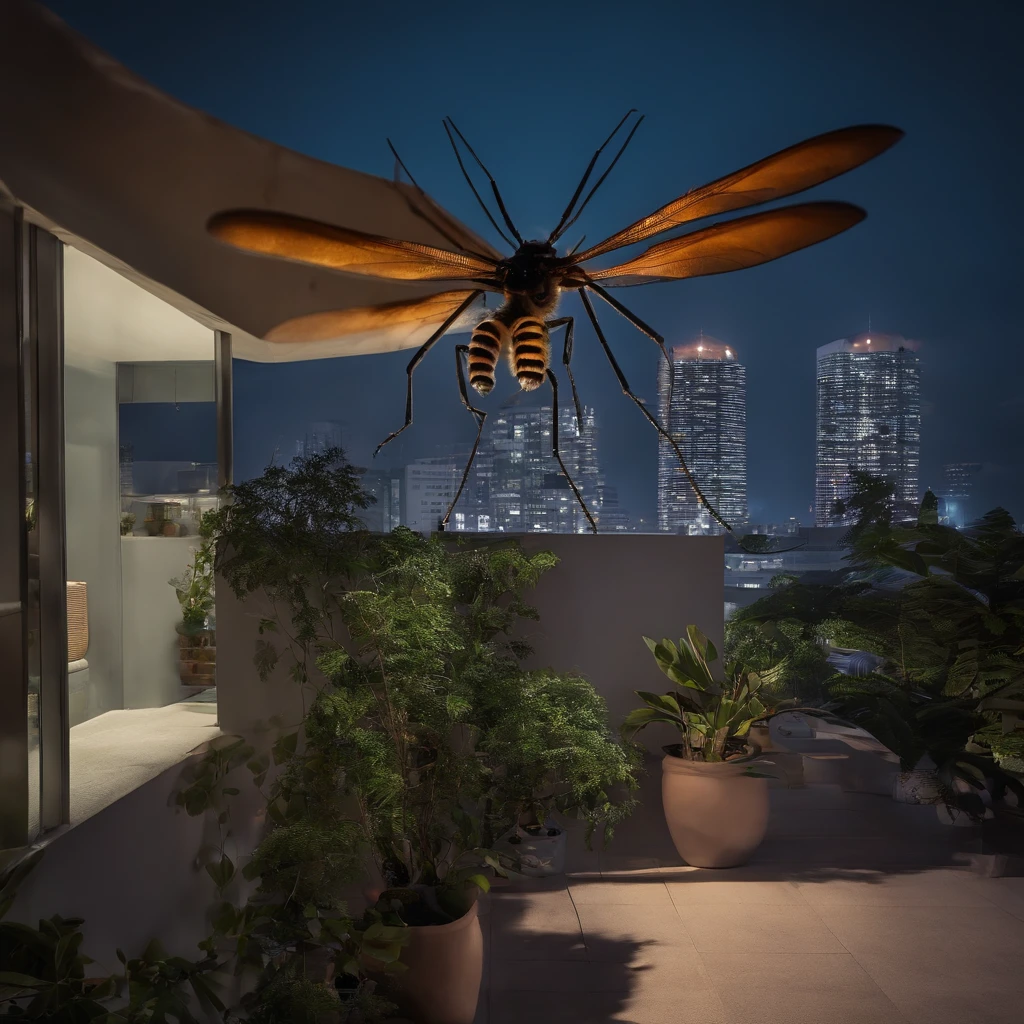 A huge mosquito lies on the roof of a tall building，Look out at the sky