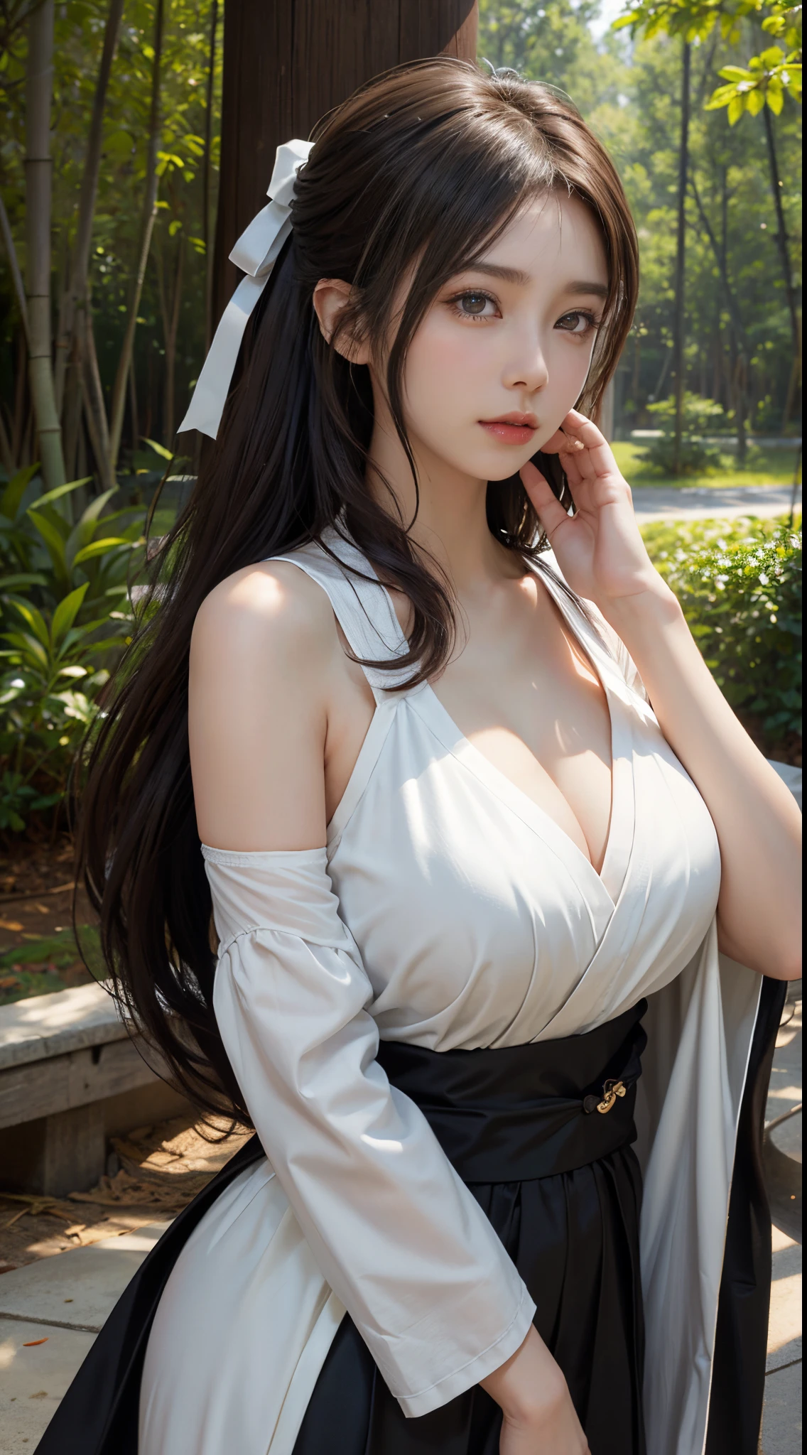,(1girll:1.3),(s fractal art:1.3)(good lighting:1.1),((hight resolution)),with brown eye,Long whit hair,brown haired,White ribbon,Clothes without sleeves,poneyTail,Strip strip,pelvis curtain,cloths,japanese beautiful woman,upper body closeup,voluptuous breasts,Bigchest,low chest,Colossal tits, gigantic cleavage breasts: 1.2,bamboo forrest,the woods,Less wear and tear,Less fabric,Japanese Ninja,Bust,The upper part of the body,mai shiranui