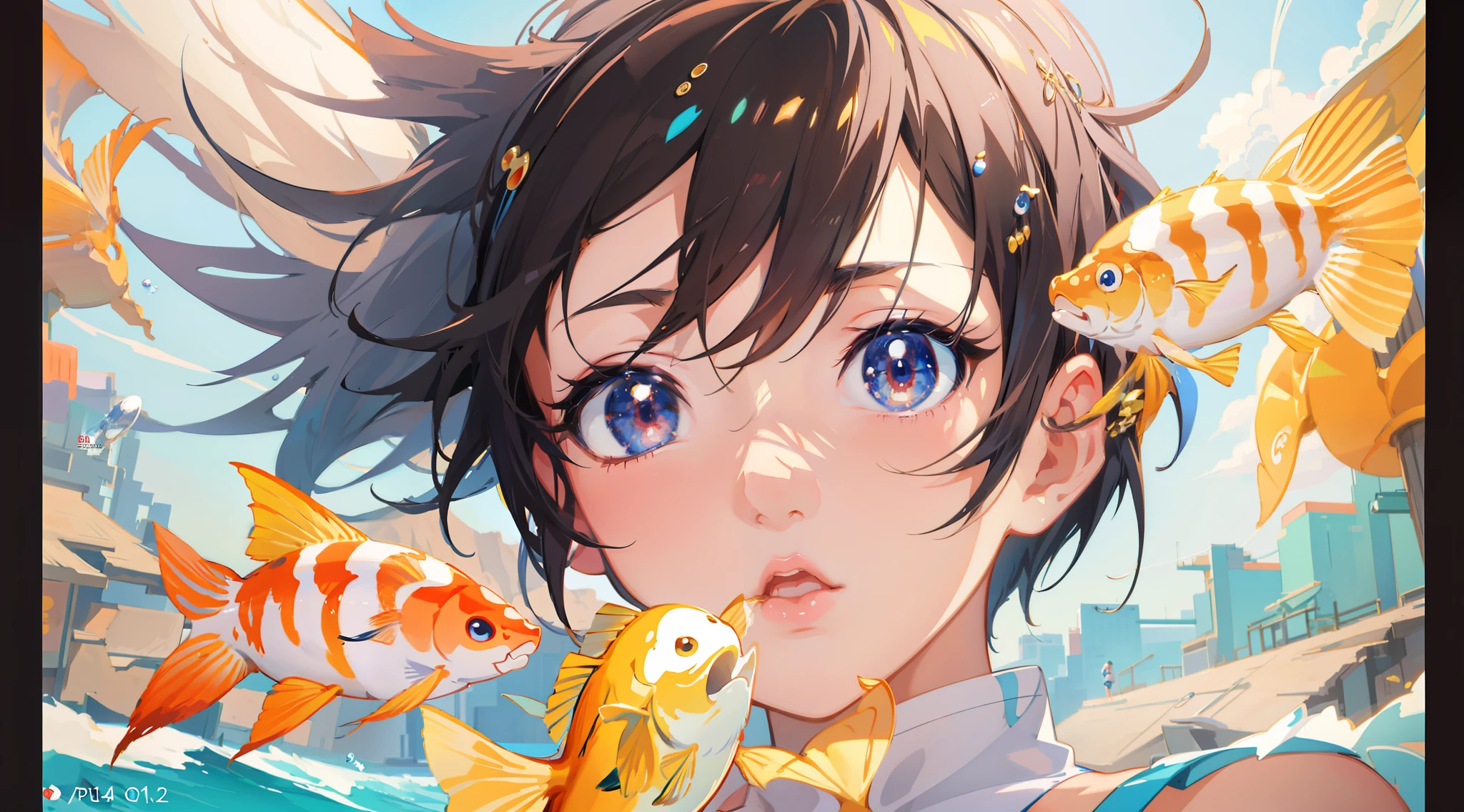 Anime girl with fish in her mouth and eyes, Anime art wallpaper 4k, Anime art wallpaper 4k, Anime art wallpaper 8 K, detailed digital anime art, Anime style 4k, Anime wallpaper 4k, Anime wallpaper 4k, Makoto Shinkai and Artgerm, 4k anime wallpapers, Guweiz style artwork