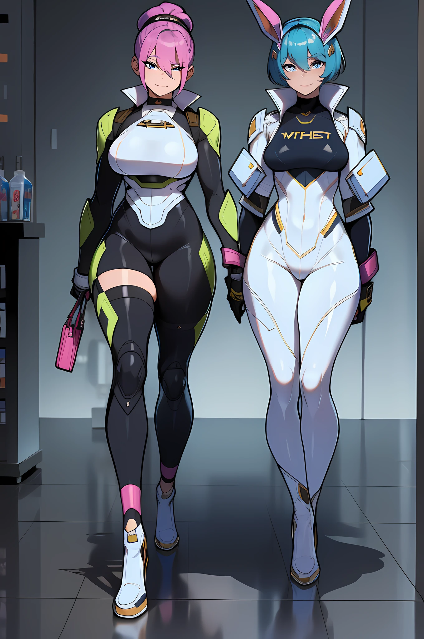 2girls, dark-skinned females, dark-skinned female, breasts, large breasts, wide hips, white hair, long hair, yellow eyes, smile, smirk, smug, pervert, bodysuit, black bodysuit, futuristic, tech, science-fiction, neon, neon trim, pantyhose, hourglass figure, full body, ((full body))