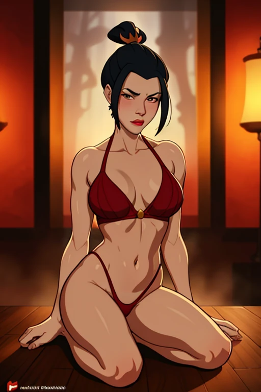 (dark theme:0.6), (dark shot:1.1), epic realistic, (dark shot:1.4), 80mm, (anime), (illustration), cartoon, detailed, azula, 1girl, solo, short hair, black hair, hair ornament, ponytail,  brown eyes,  lipstick,  red lips, surprised look, high waist thong, waistline beads, bare breasts, bare shoulders, thick ass, blush, looks at viewer, barefoot , full body, art by greg rutkowski and artgerm, soft cinematic light, adobe lightroom, photolab, hdr, intricate, highly detailed, (depth of field:1.4), soft light, sharp, exposure blend, medium shot, bokeh, (hdr:1.4), high contrast, (cinematic, teal and orange:0.85), (muted colors, dim colors, soothing tones:1.3), low saturation, (hyperdetailed:1.2), (noir:0.4), faded, (neutral colors:1.2), (hdr:1.4), (muted colors:1.2), hyperdetailed, (artstation:1.4), cinematic, warm lights, dramatic light, (intricate details:1.1), complex background, (rutkowski:0.66), (teal and orange:0.4), (hdr:1.22), muted colors, complex background, hyperdetailed, art [[by jordan grimmer]]