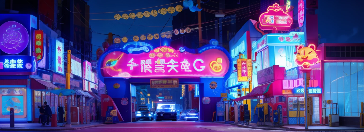 Cartoon characters and neon signs in front of Neon City, Popular topics on cgstation, gas station trends, GameCG, G Liulian art style, 千 葉 雄 大, xianxia fantasy, Inspired by Song Maojin, Wanda, Zhongyuan Universe, Background image, beijing, mobile game, banners