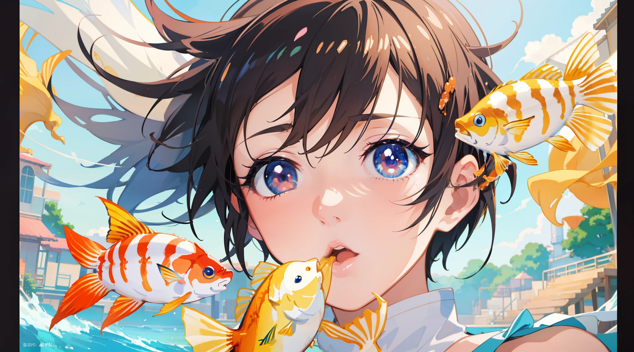 Anime girl with fish in her mouth and eyes, Anime art wallpaper 4k, Anime art wallpaper 4k, Anime art wallpaper 8 K, detailed digital anime art, Anime style 4k, Anime wallpaper 4k, Anime wallpaper 4k, Makoto Shinkai and Artgerm, 4k anime wallpapers, Guviz-style artwork