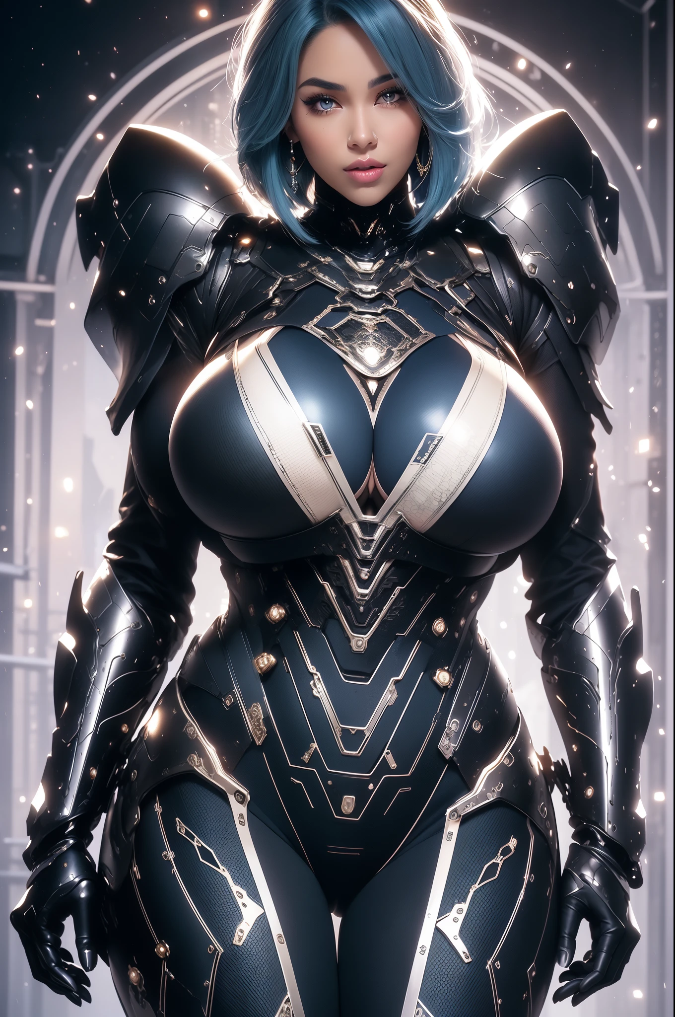 (masterpiece), best quality, expressive eyes, perfect face, beautiful details face, beautiful round eyes, upper body, A beautiful mature woman in cyber armour suit shows her Extremely busty and attractive breasts, (light smile), (midnight blue hair), glowing hair, multicolored hair, (short bob hair, shiny hair, gradient hair, colored inner hair, (short straight hair),  medium short hair), fair skin, (beautiful detailed full bodysuit:1.3), full body cyber armour, glowing and shining armor, silver and blue cyber armour,(Edge lights:1.3), (silver and blue colour scheme:1.3), neon light on Armor, beautiful details eyes, (midnight blue eyes:1.2), (glowing eyes:1.2), hair ornament, (Gigantic saggy breasts:2.0), cleavage, thick body, (well accentuated curves), pink lips, (silver nails), mascara, Long eyelashes, eyeliner, (Extremely wide well defined hips:1.6), (beautiful massive thick muscular thighs:1.3), has a tall slender figure, (Extremely detailed skin texture:1.1), beautiful detailed realistic muscle definition, golden fireflies that shimmer, high detailed eyes, ultra-high quality model, proportionate, intense colouration fantasy, (background Spiral galaxy), beautiful background, gold and silver tetradic colours, earrings, detached sleeves, jewelry, earring, (1girl), solo,