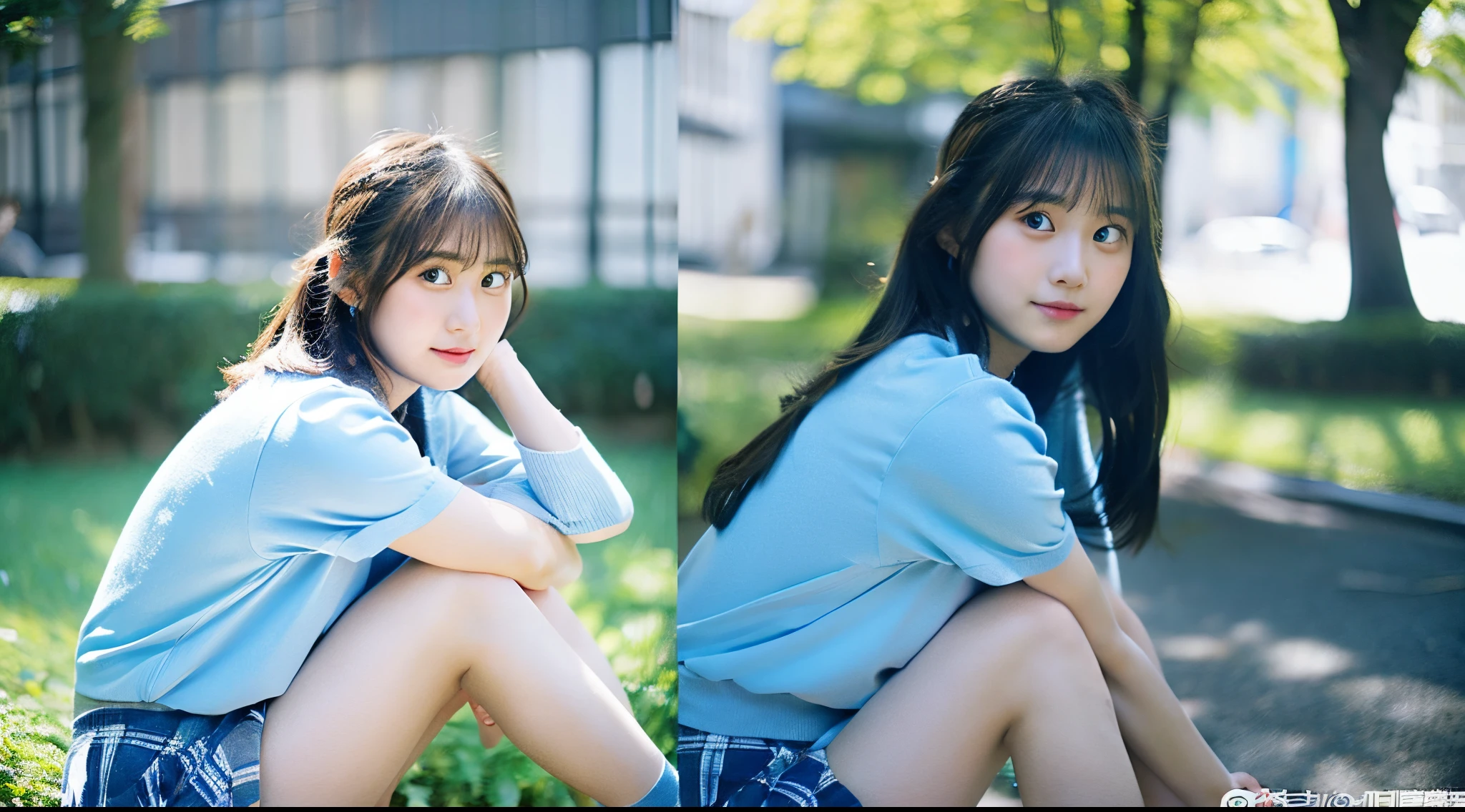 Beautiful high school girl, 18 years old, wearing a light blue miniskirt